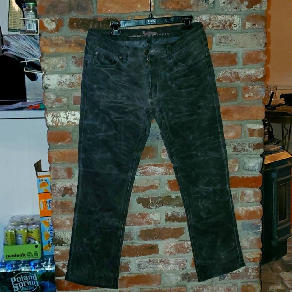 Waxed tin cloth jeans